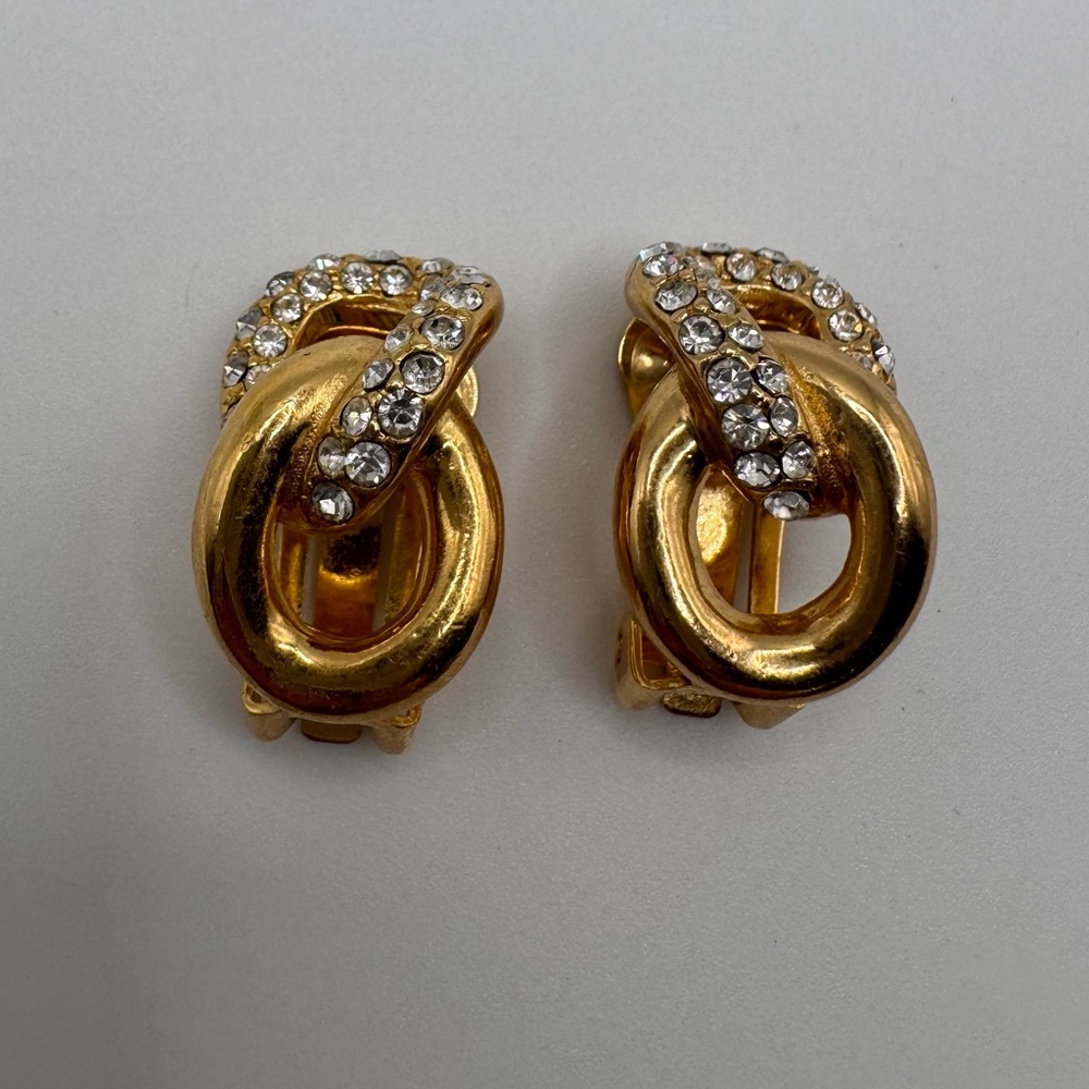 Vintage Signed Christian Dior Gold Tone Rhinestone Link Clip On | Designer - Picture 2 of 10
